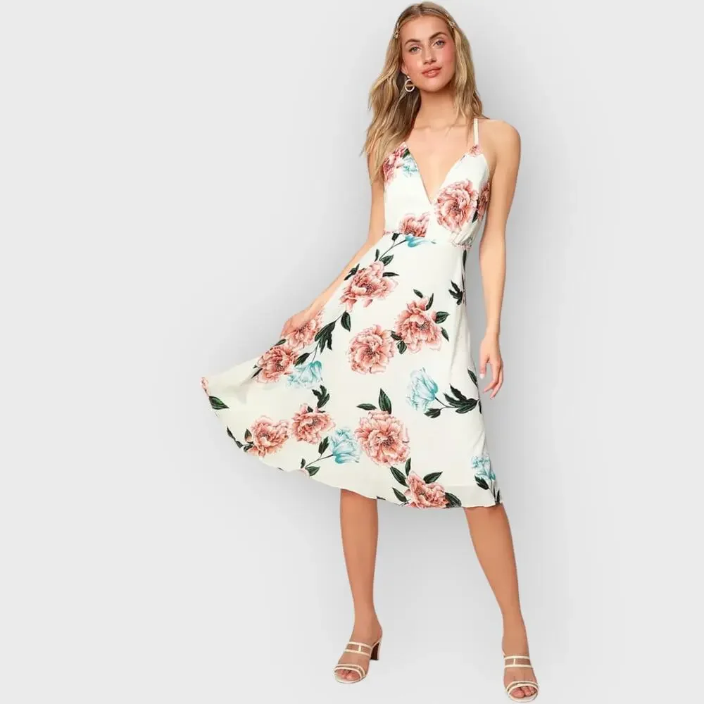 Lulus Floral Midi Dress Medium White Plunge Neck Crisscross Back Romantic Summer